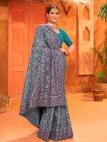 Slate Blue Kacchi Banarasi Silk Saree
